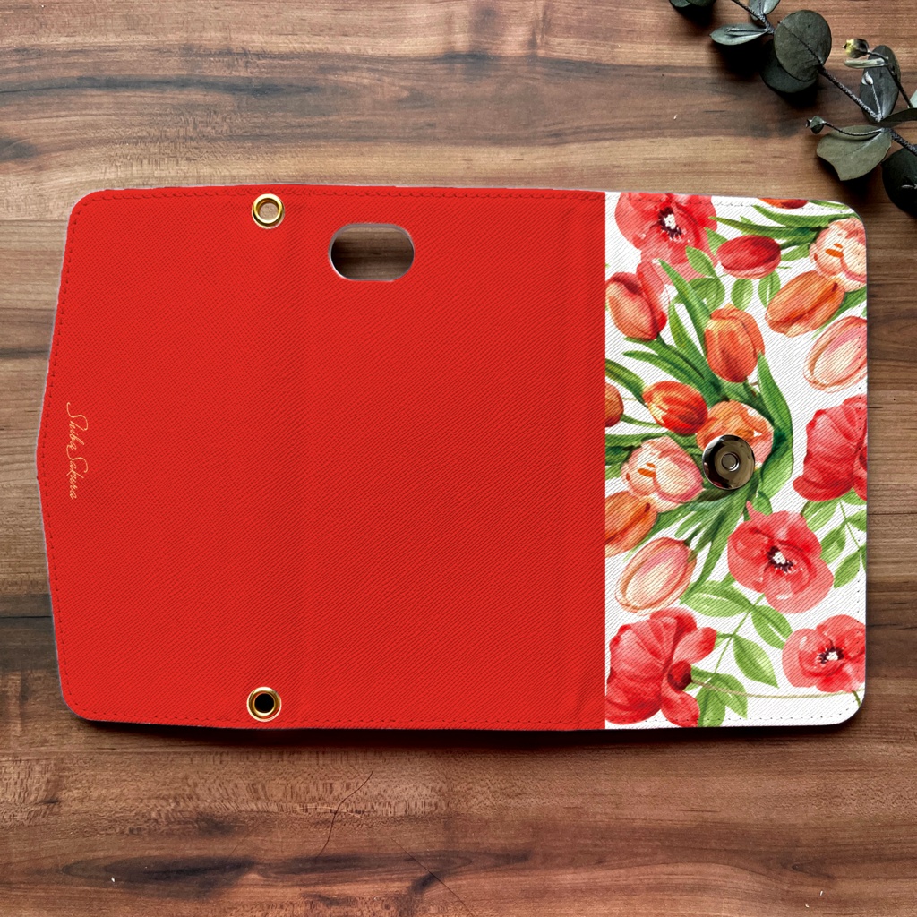 チューリップの三つ折り手帳型スマホケース(レッド) 全機種対応 スマホケース iphone Android 花