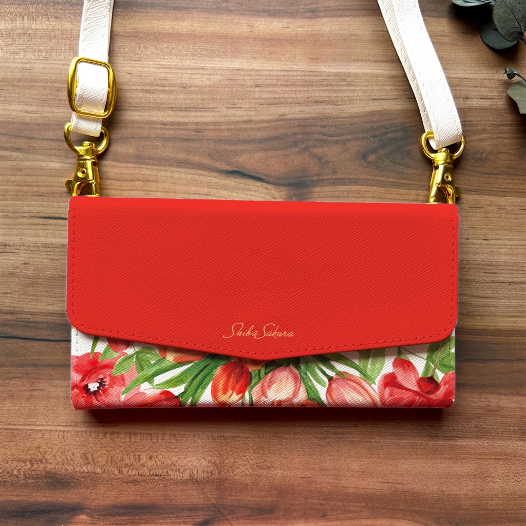 チューリップの三つ折り手帳型スマホケース(レッド) 全機種対応 スマホケース iphone Android 花