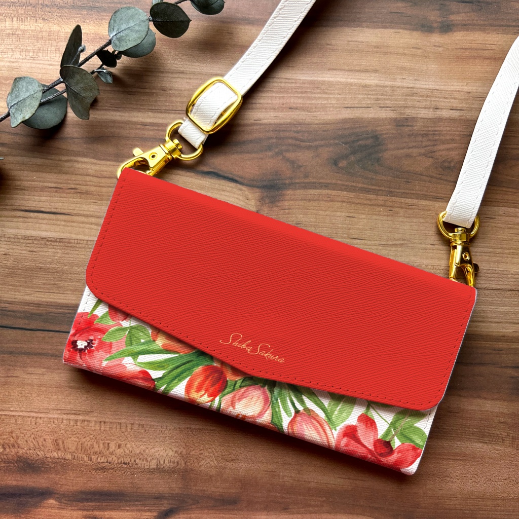 チューリップの三つ折り手帳型スマホケース（レッド） 全機種対応 スマホケース iphone Android 花