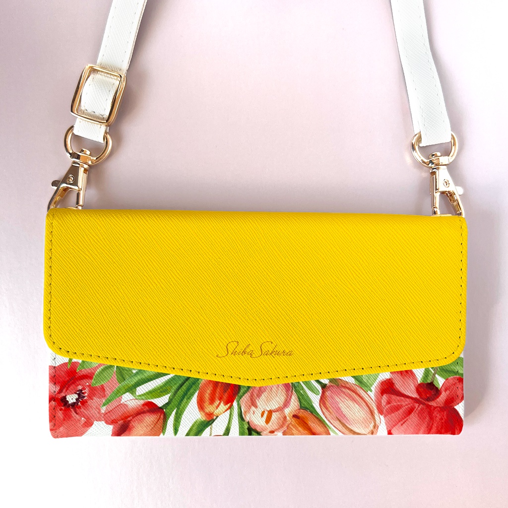 チューリップの三つ折り手帳型スマホケース(イエロー) 全機種対応 スマホケース iphone Android 花