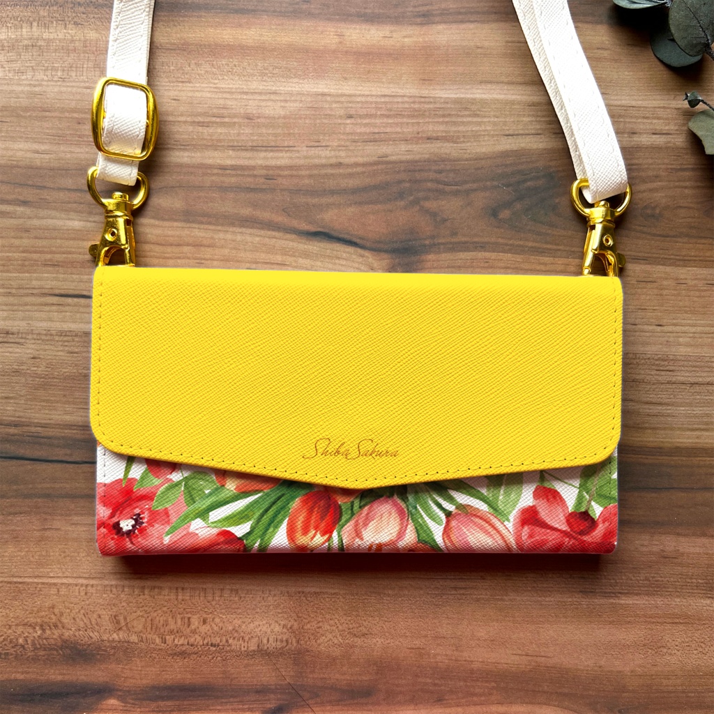 チューリップの三つ折り手帳型スマホケース(イエロー) 全機種対応 スマホケース iphone Android 花