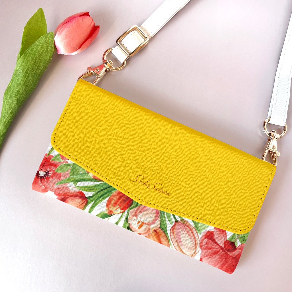 チューリップの三つ折り手帳型スマホケース(イエロー) 全機種対応 スマホケース iphone Android 花