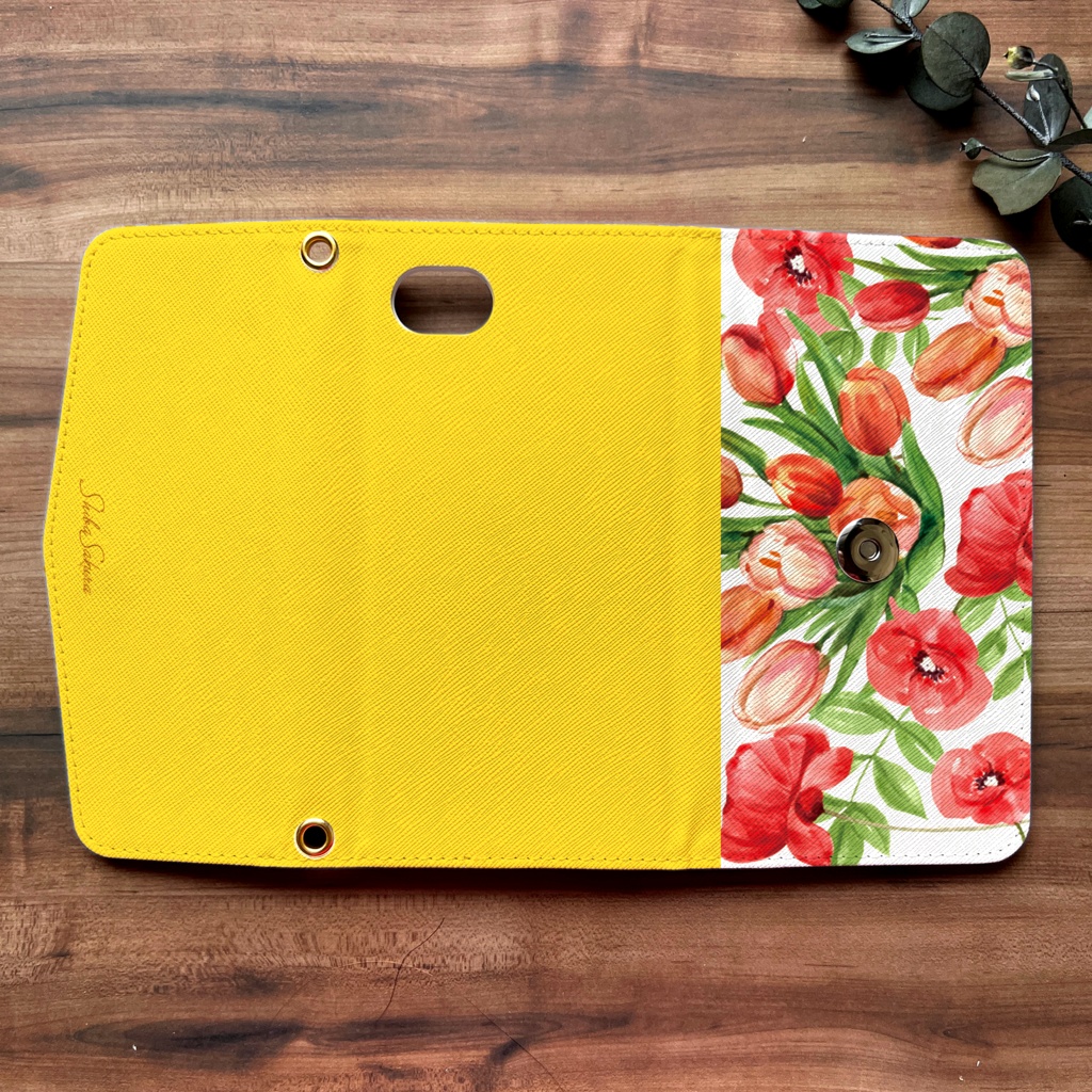 チューリップの三つ折り手帳型スマホケース(イエロー) 全機種対応 スマホケース iphone Android 花