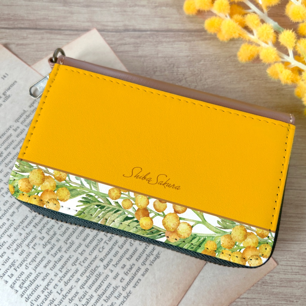 ミモザのコインケース（ウォームオレンジ）  ミモザ 花 財布 コインケース 名入れ プチギフト 記念日