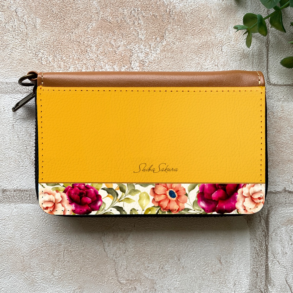 秋バラとコスモスのコインケース(マスタード) 秋 バラ コスモス 花 コインケース