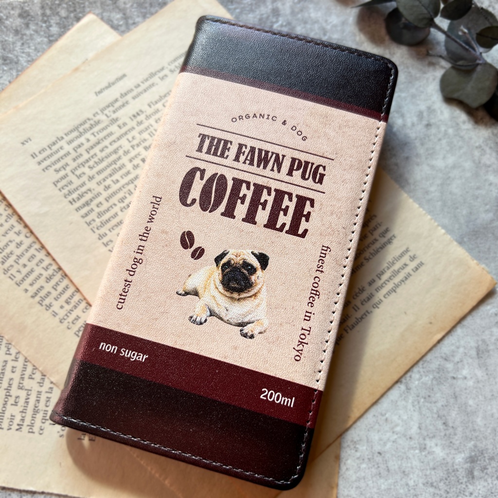 パグコーヒーの手帳型スマホケース iphone15 iphone16e スマホケース パグ