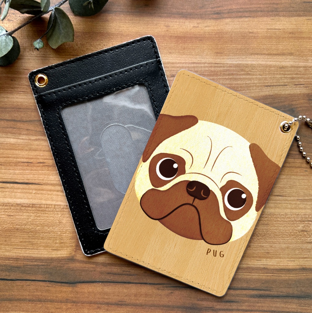 もっちりパグのウッド風パスケース 犬 定期入れ メンズ カードケース パグ