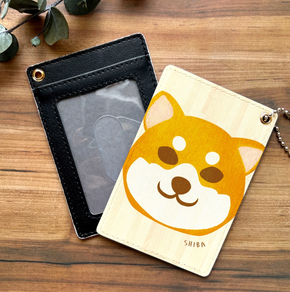 まんまる柴犬のウッド風パスケース 犬 定期入れ メンズ カードケース 柴犬