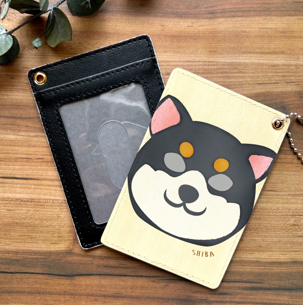まんまる黒柴のウッド風パスケース 犬 定期入れ メンズ カードケース 柴犬
