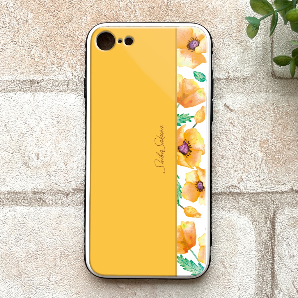 ポピーのガラススマホケース(黄色) 花 春 ポピー イエロー iphone15 iphone16 スマホケース