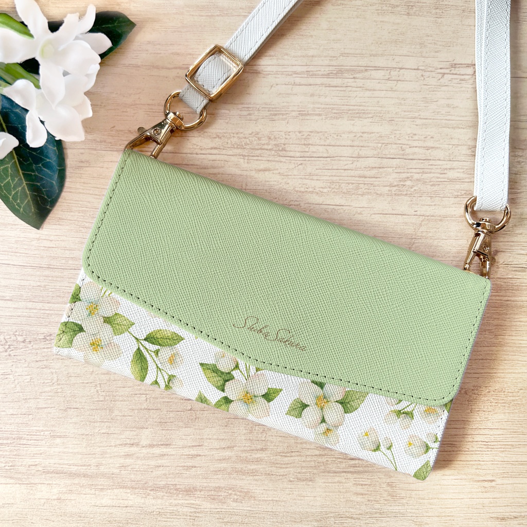 ジャスミンの三つ折り手帳型スマホケース　全機種対応 スマホケース iphone Android 花 ジャスミン ギフト