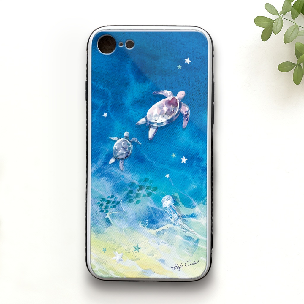 星の海とウミガメのスマホケース(強化ガラス) iPhone16e iPhone15 名入れ 記念日 プチギフト メンズ スマホケース 亀 海亀 カメ 夏 海 旅行