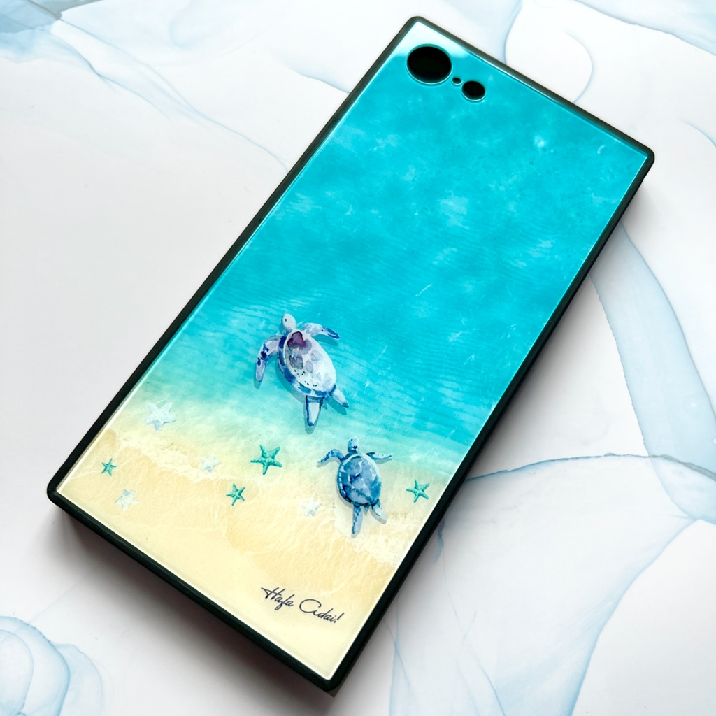 グアム白波とウミガメのスクエアガラススマホケース iphone16e iphone15 他 カメ 海