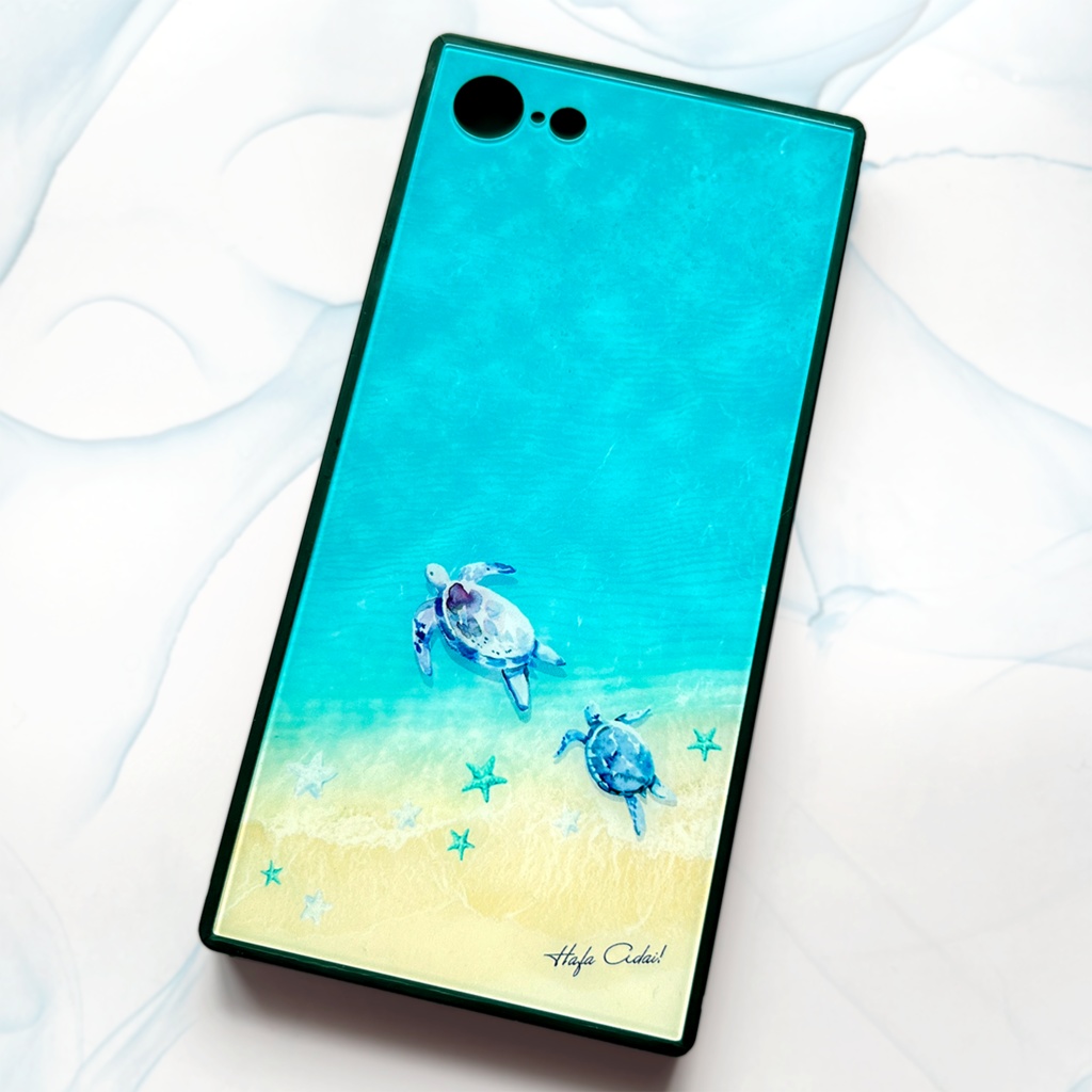 グアム白波とウミガメのスクエアガラススマホケース iphone16e iphone15 他 カメ 海