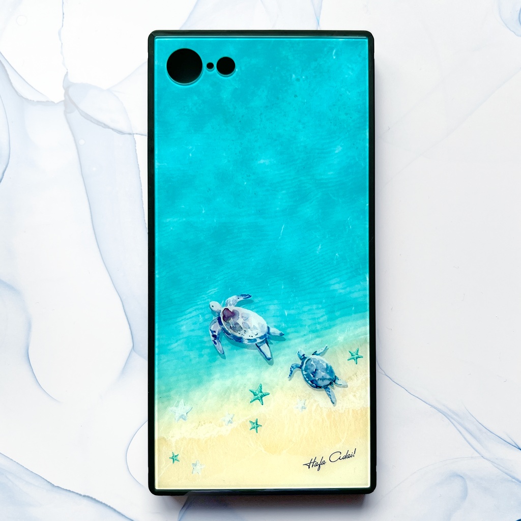 グアム白波とウミガメのスクエアガラススマホケース iphone16e iphone15 他 カメ 海