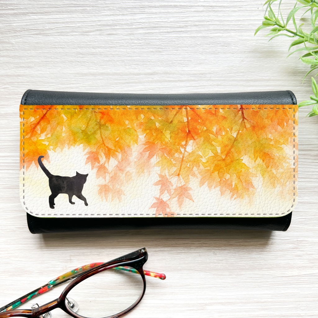 ねこと紅葉のメガネケース(夕焼け色)レディース メンズ 名入れ プチギフト 記念日 花 メガネケース 眼鏡