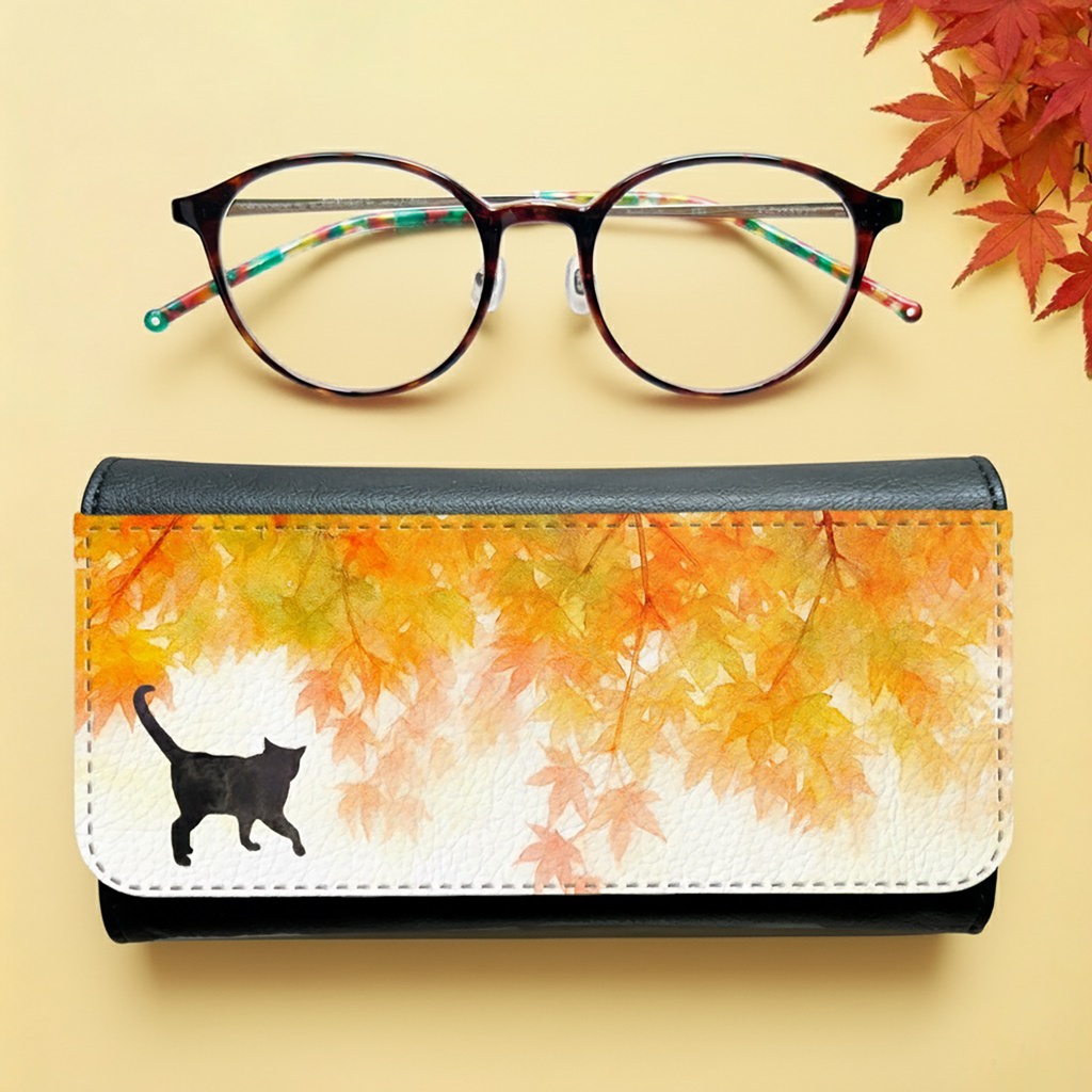 ねこと紅葉のメガネケース（夕焼け色）レディース メンズ 名入れ プチギフト 記念日 花 メガネケース 眼鏡