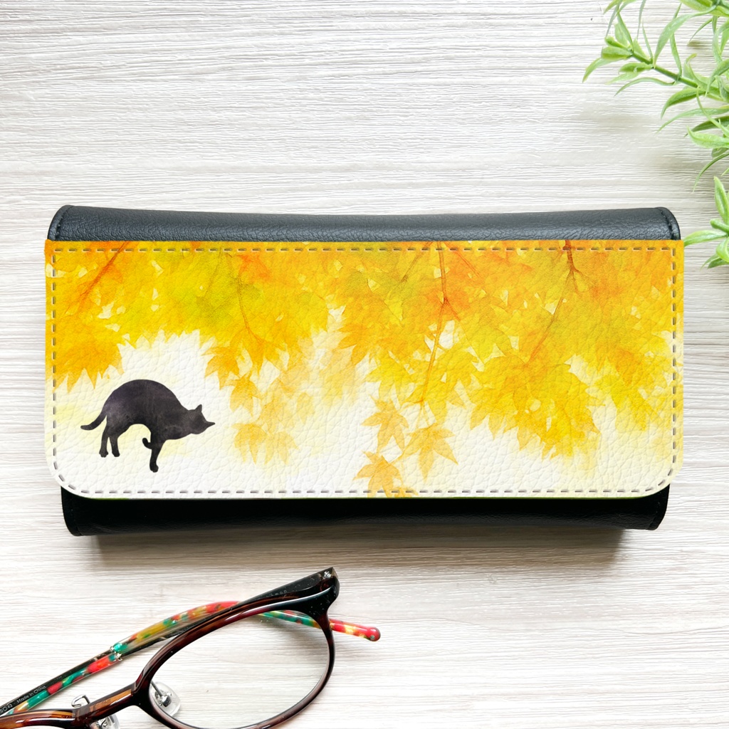 ねこと紅葉のメガネケース(朝焼け色)レディース 名入れ プチギフト 記念日 花 メガネケース 眼鏡