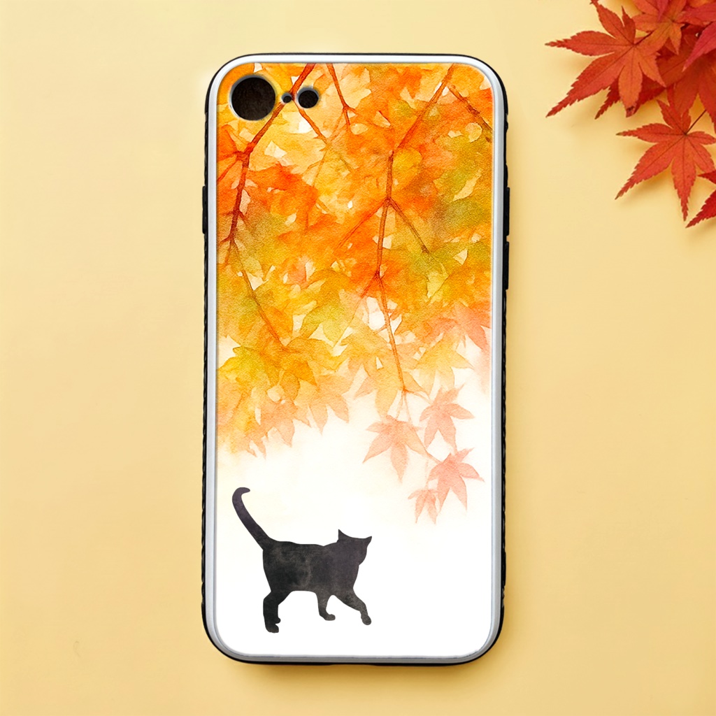ねこと紅葉のガラススマホケース(夕焼け色/強化ガラス)猫 iPhone17 Air iphone13 iphone15 iphone16e SE