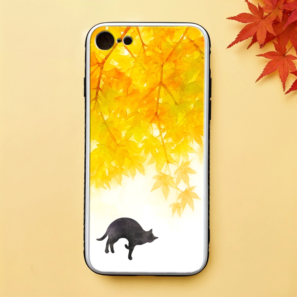 ねこと紅葉のガラススマホケース(朝焼け色/強化ガラス)猫 iphone15 iphone16e SE