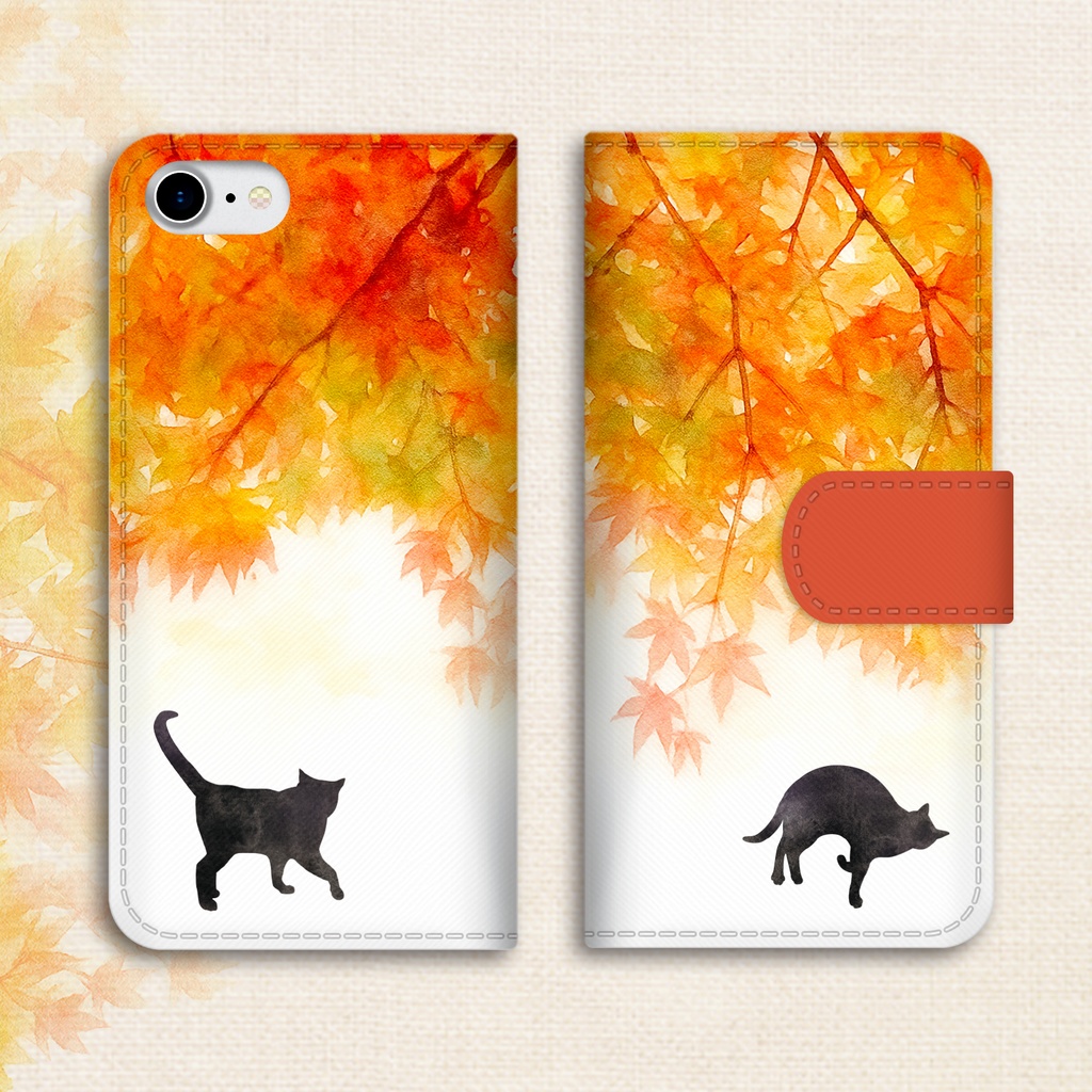 ねこと紅葉の手帳型スマホケース(夕焼け色) 猫 黒猫 iphone16e iphone15 他 敬老の日