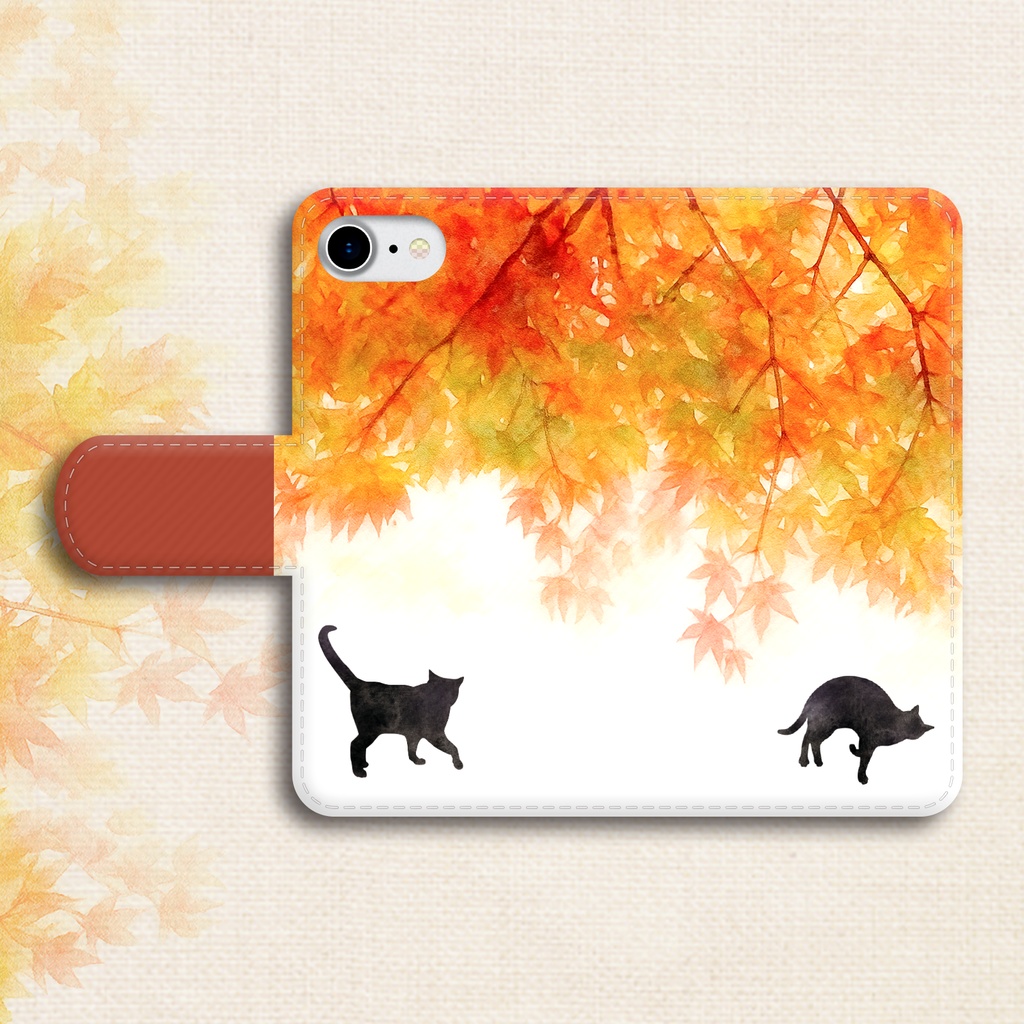 ねこと紅葉の手帳型スマホケース(夕焼け色) 猫 黒猫 iphone16e iphone15 iPhone17 air