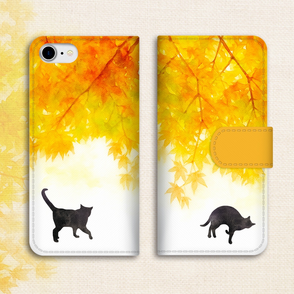 ねこと紅葉の手帳型スマホケース（朝焼け色） 猫 黒猫 iphone16e iphone15 他 敬老の日