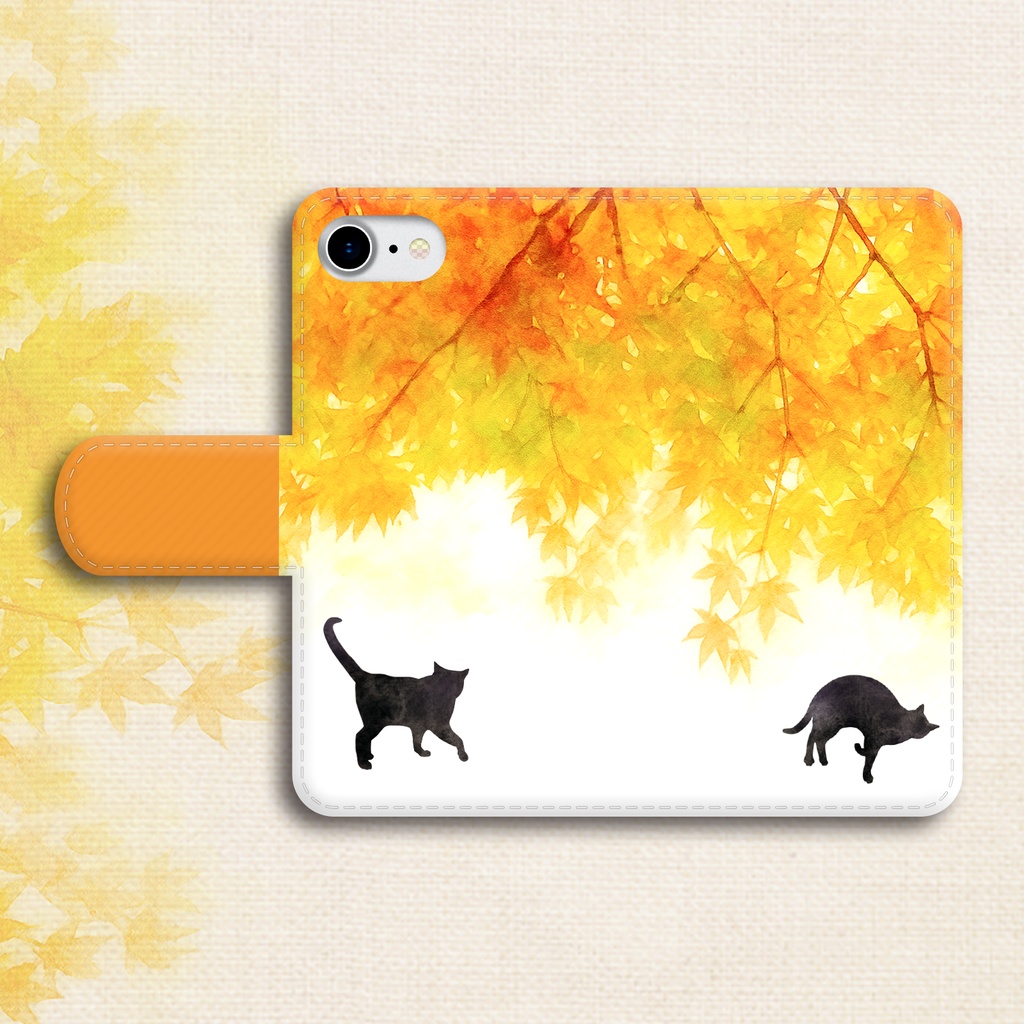 ねこと紅葉の手帳型スマホケース(朝焼け色) 猫 黒猫 iphone16e iphone15 iphone17 air