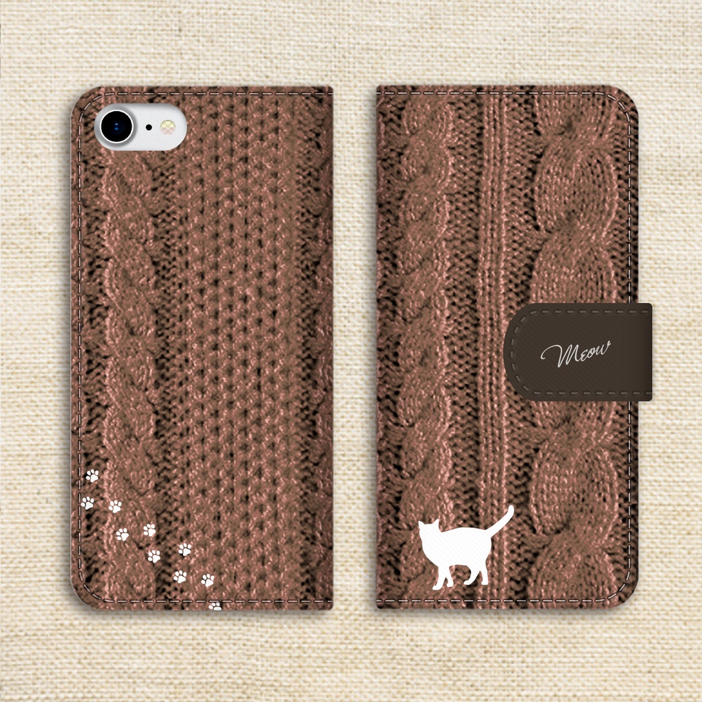 にゃんこニットの手帳型スマホケース(モカムース) 猫 カバー iPhone17 air iphone16e iphone15 iphone13