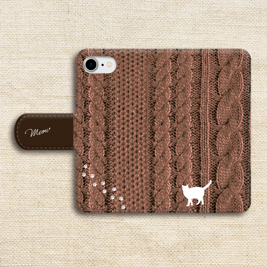 にゃんこニットの手帳型スマホケース(モカムース) 猫 カバー iPhone17 air iphone16e iphone15 iphone13
