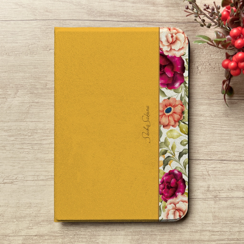 秋バラとコスモスのipadケース(マスタード) カバー 秋桜 ローズ ipadケース タブレットケース