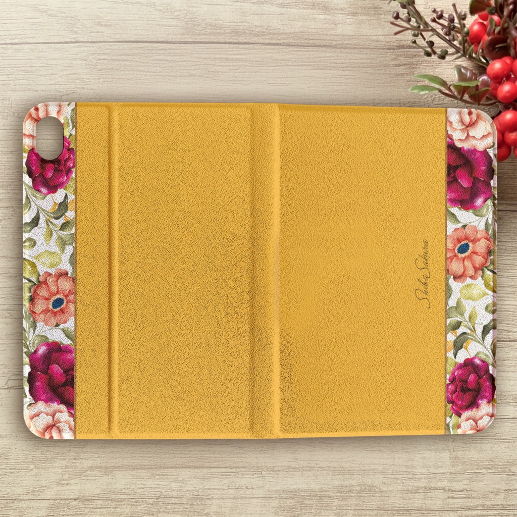 秋バラとコスモスのipadケース(マスタード) カバー 秋桜 ローズ ipadケース タブレットケース
