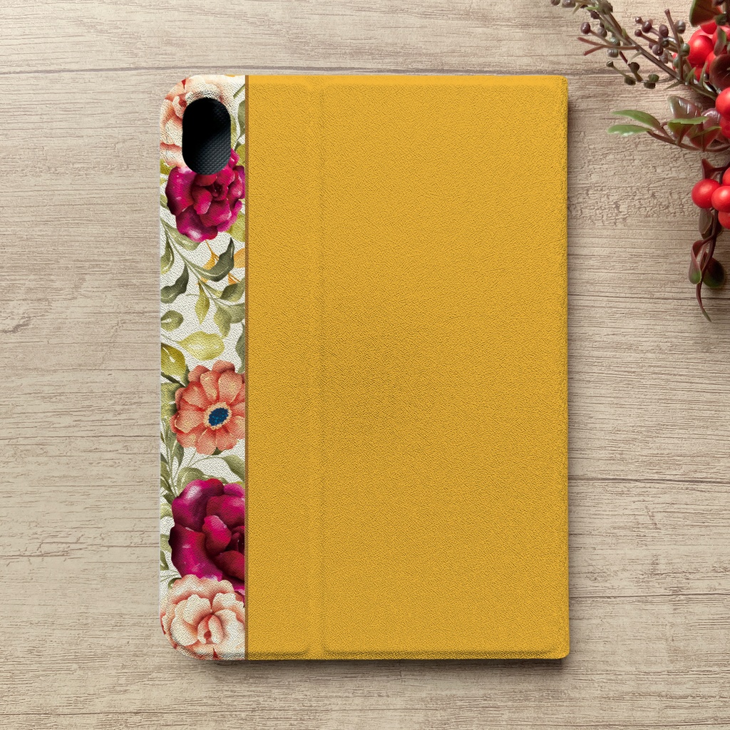 秋バラとコスモスのipadケース(マスタード) カバー 秋桜 ローズ ipadケース タブレットケース