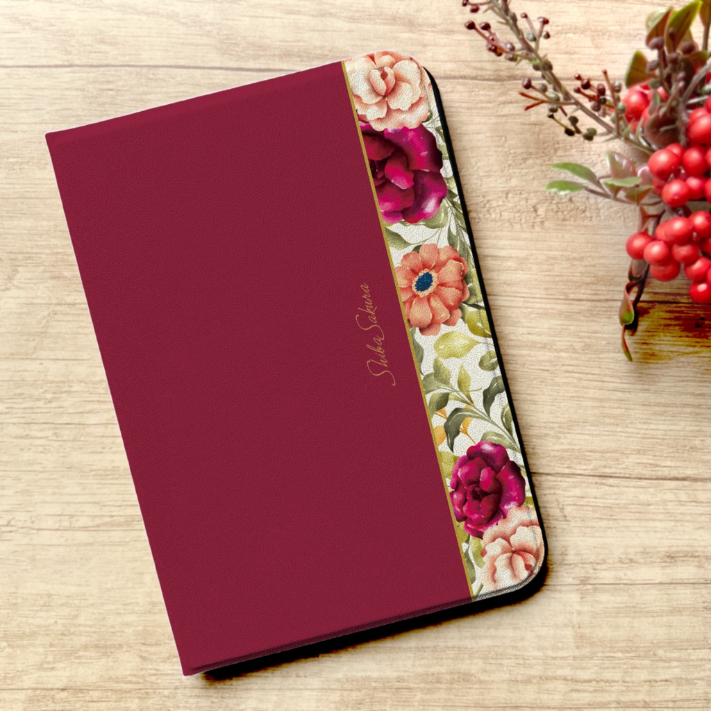 秋バラとコスモスのipadケース（レッド） カバー 秋桜 ローズ ipadケース タブレットケース