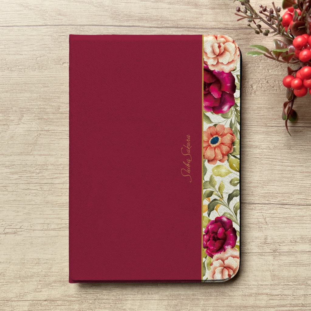 秋バラとコスモスのipadケース(レッド) カバー 秋桜 ローズ ipadケース タブレットケース