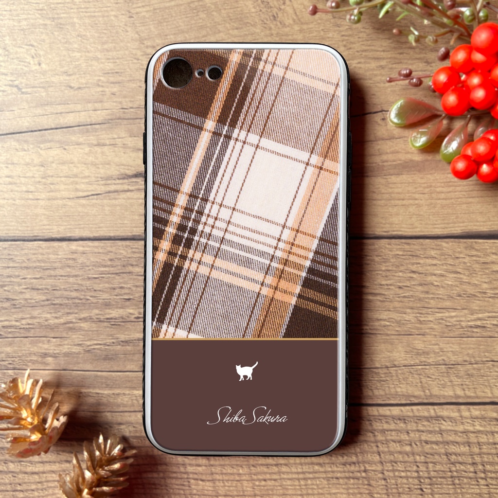 猫とふんわりモカムースのスマホケース（強化ガラス） iPhone16e iphone15 猫 スマホケース 強化ガラス メンズ チェック カバー iphone13