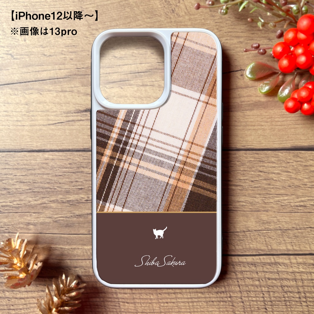 猫とふんわりモカムースのスマホケース(強化ガラス) iPhone17 Air iphone13 iPhone16e iphone15 猫 スマホケース 強化ガラス メンズ チェック カバー