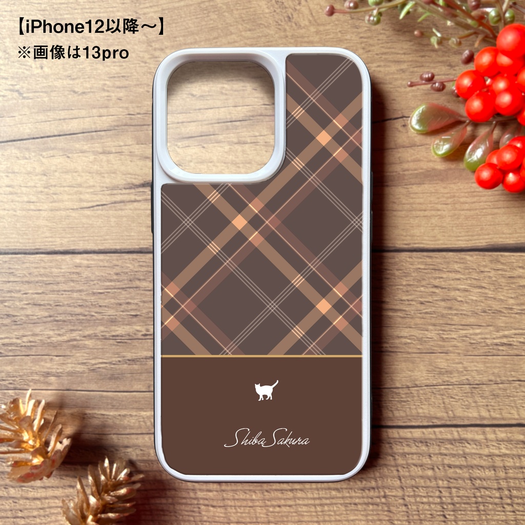 猫とほっこりモカムースのスマホケース(強化ガラス) iPhone17 Air iphone13 iPhone16e iphone15 猫 スマホケース 強化ガラス メンズ チェック カバー