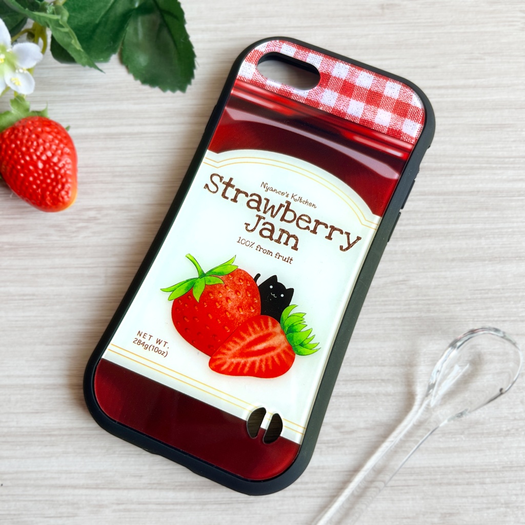黒猫いちごジャムのグリップスマホケース いちご 猫 iphone16e iphone15 iphone17 air 他