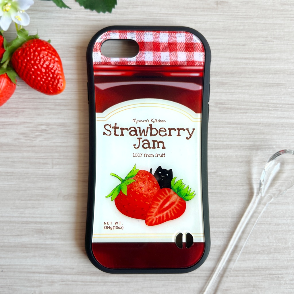 黒猫いちごジャムのグリップスマホケース いちご 猫 iphone16e iphone15 iphone17 air 他