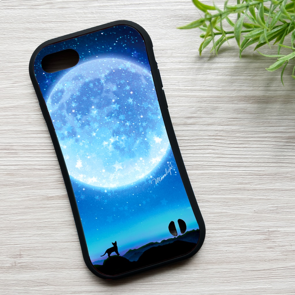 満月とねこのグリップスマホケース(ブルー) カバー 猫 宇宙 青 iphone16e iphone15 他