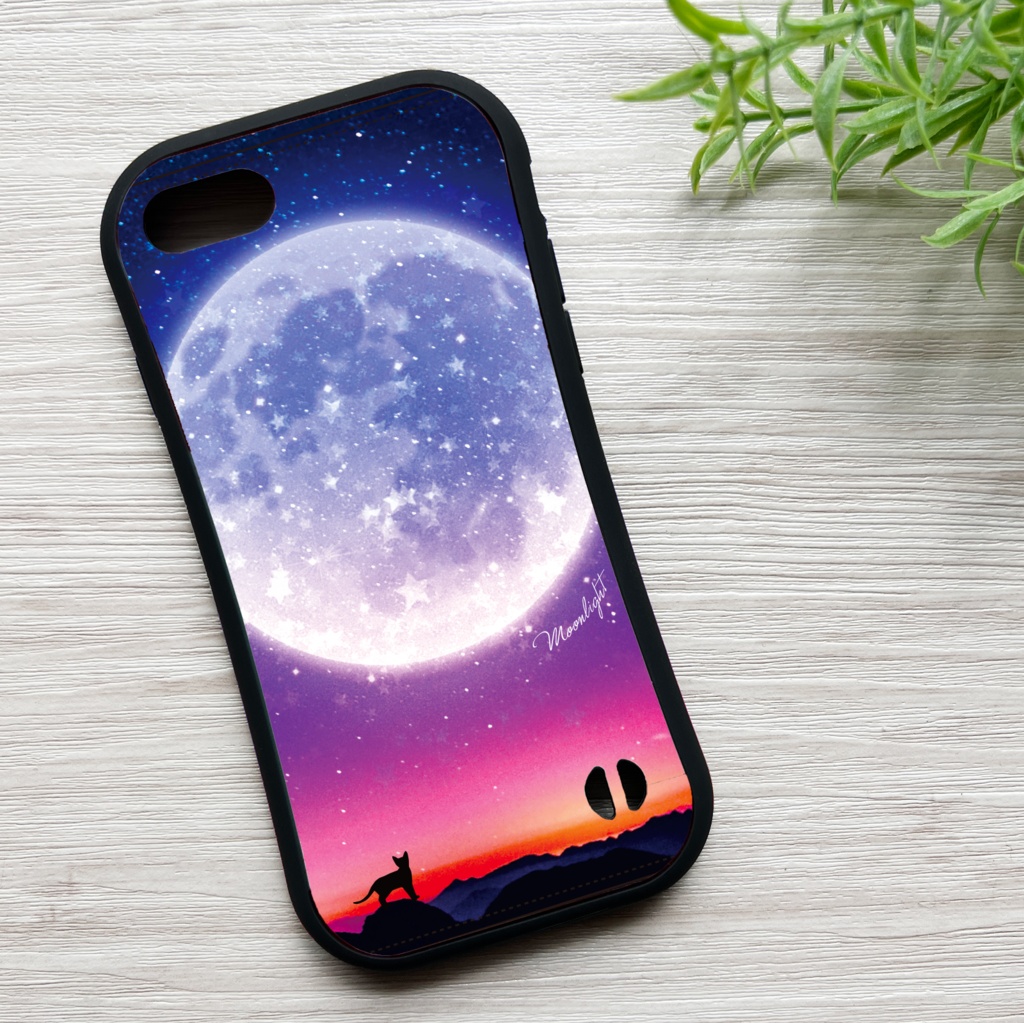 満月とねこのグリップスマホケース(パープル) カバー 猫 宇宙 青 iphone16e iphone15 他