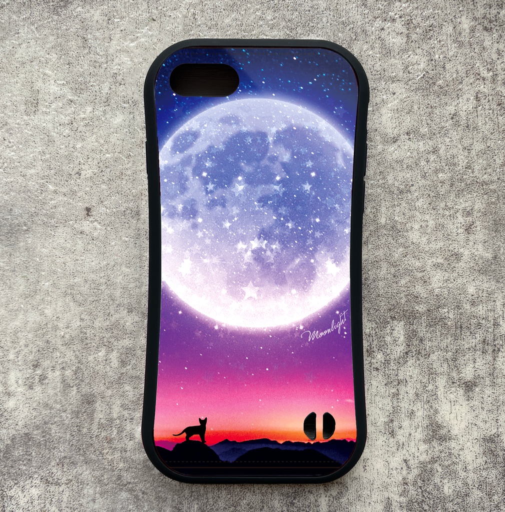 満月とねこのグリップスマホケース（パープル）　カバー 猫 宇宙 青 iphone16e iphone15 他