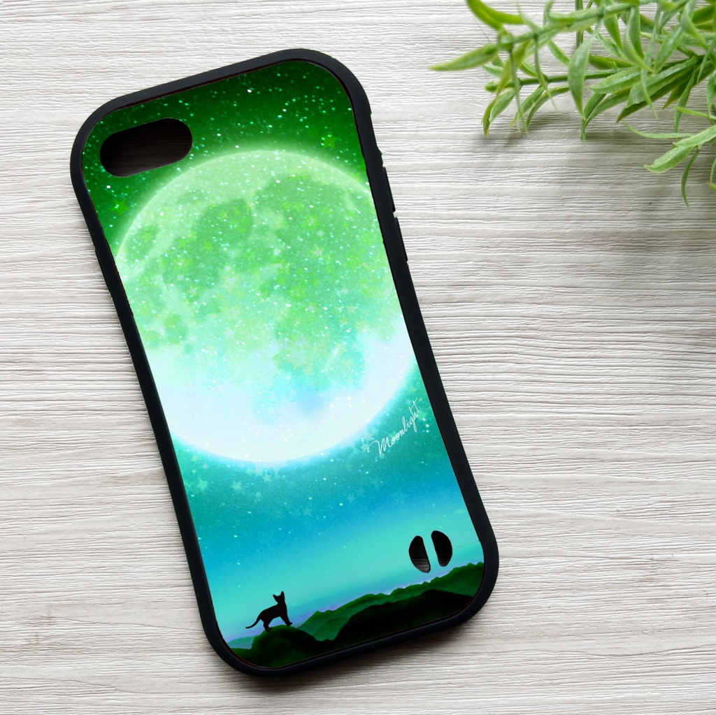 満月とねこのグリップスマホケース(グリーン) カバー 猫 宇宙 青 iphone16e iphone15 他