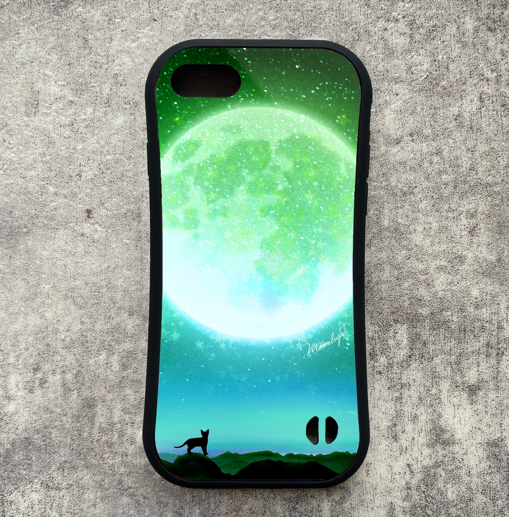 満月とねこのグリップスマホケース（グリーン）　カバー 猫 宇宙 青 iphone16e iphone15 他