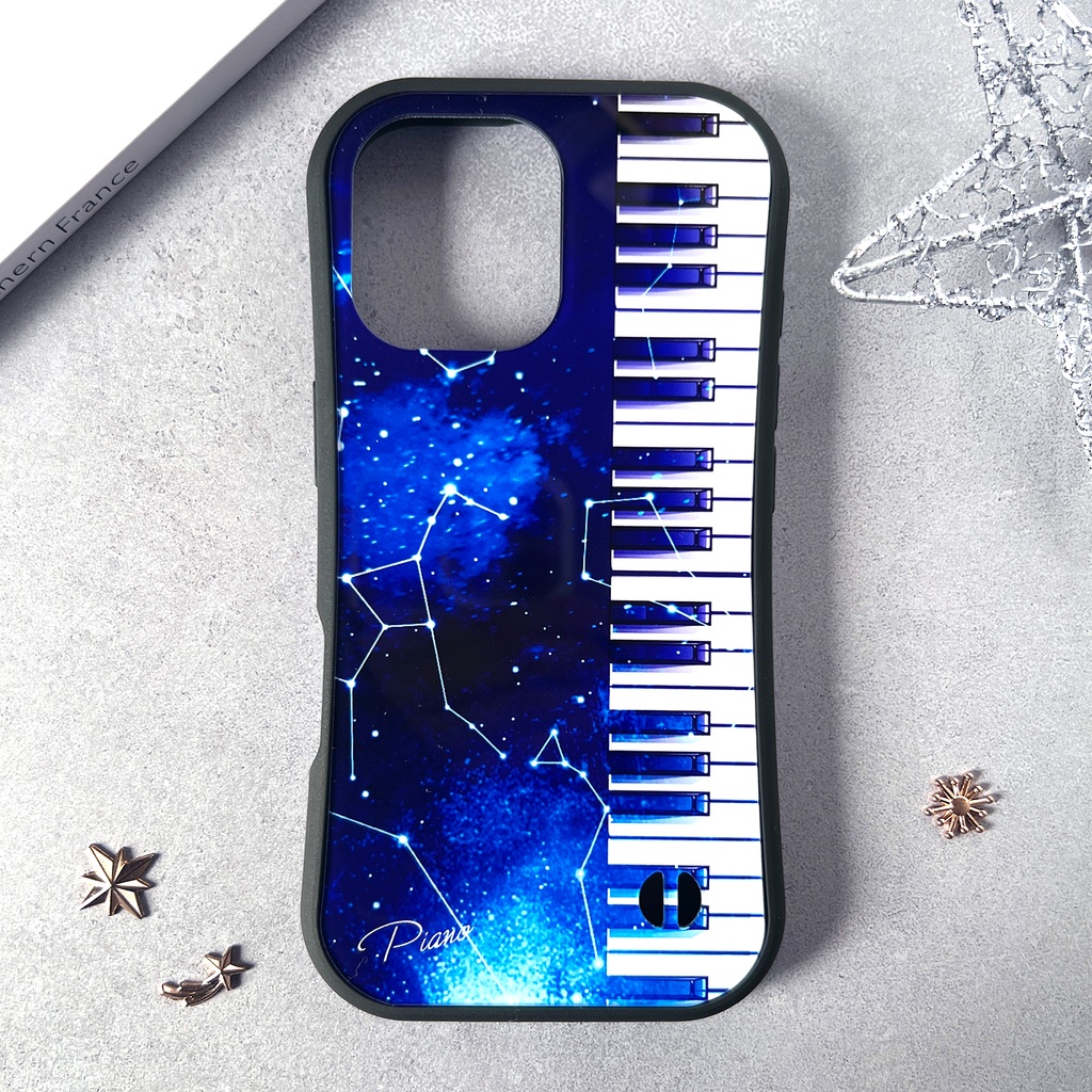 宇宙とピアノのグリップスマホケース カバー 宇宙 青 iphone16e iphone17 他