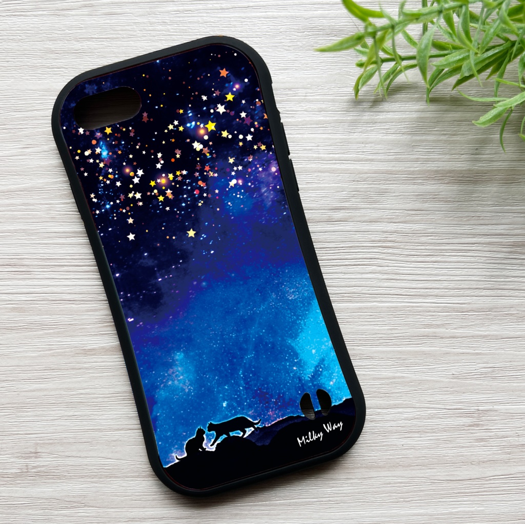 星空デートな猫のグリップスマホケース カバー 猫 宇宙 星座 青 iphone16e iphone15 他
