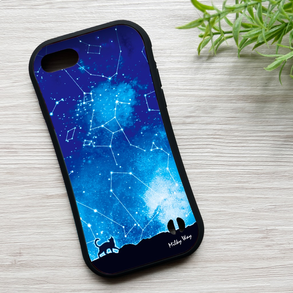 猫と星座のグリップスマホケース カバー 猫 宇宙 星座 青 iphone16e iphone15 他