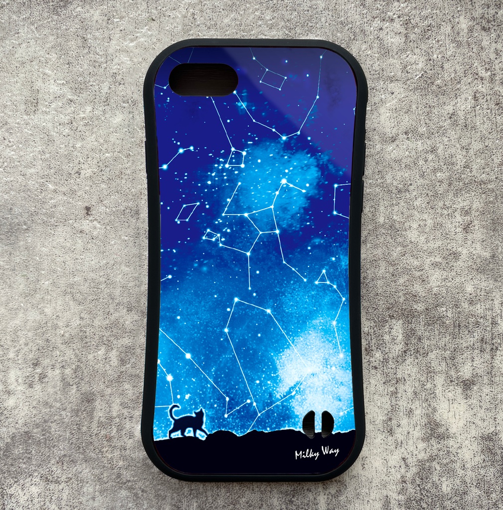 猫と星座のグリップスマホケース カバー 猫 宇宙 星座 青 iphone16e iphone15 他