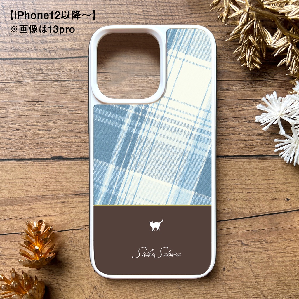 猫とチェックのスマホケース(くすみブルー×ブラウン/強化ガラス) iPhone17 Air iphone13 iPhone16e iphone15 カバー